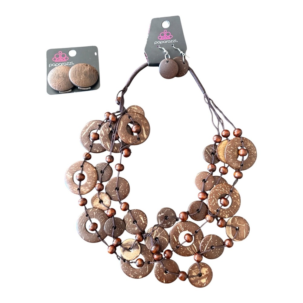 Paparazzi Brown Wood Coconut Shell Statement Necklace & Earrings Set Boho NEW - Picture 2 of 4